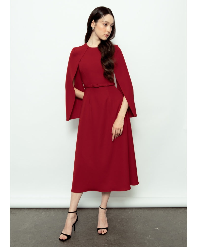 Sofia A-line Cape Sleeved Polyester Midi Dress