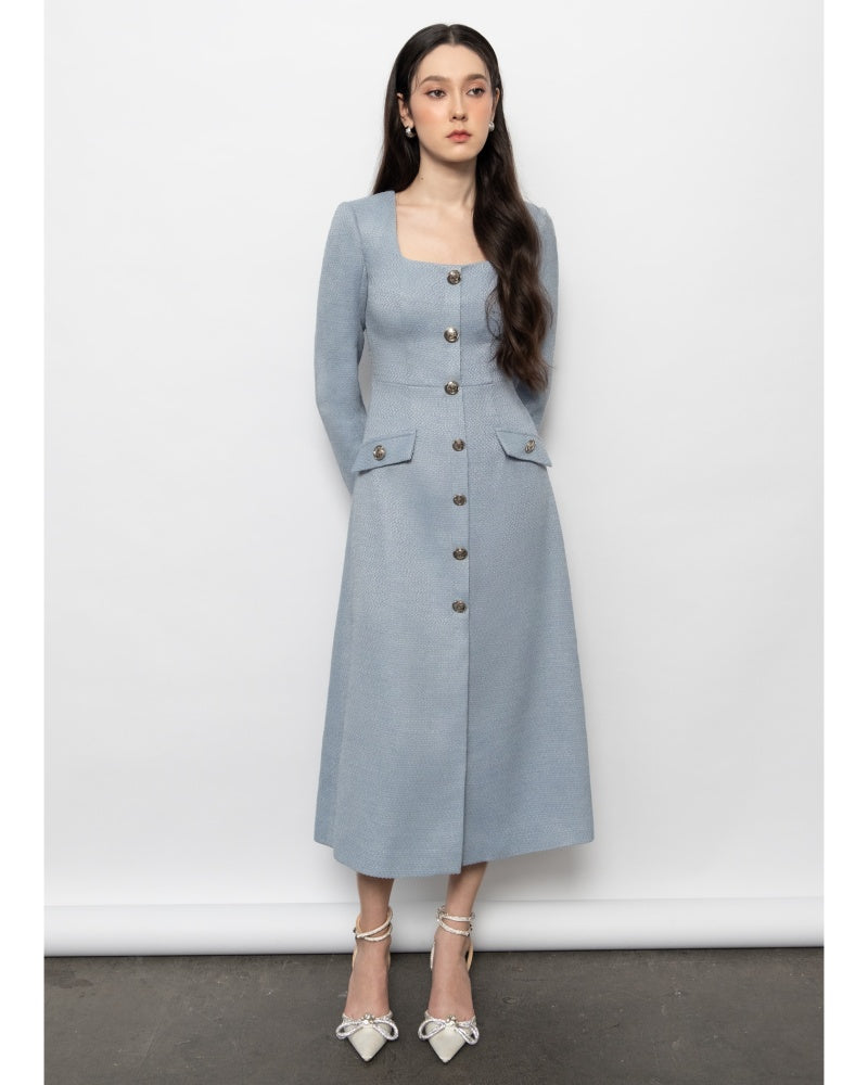 Abigail A-line Square Neck Tweed Midi Dress