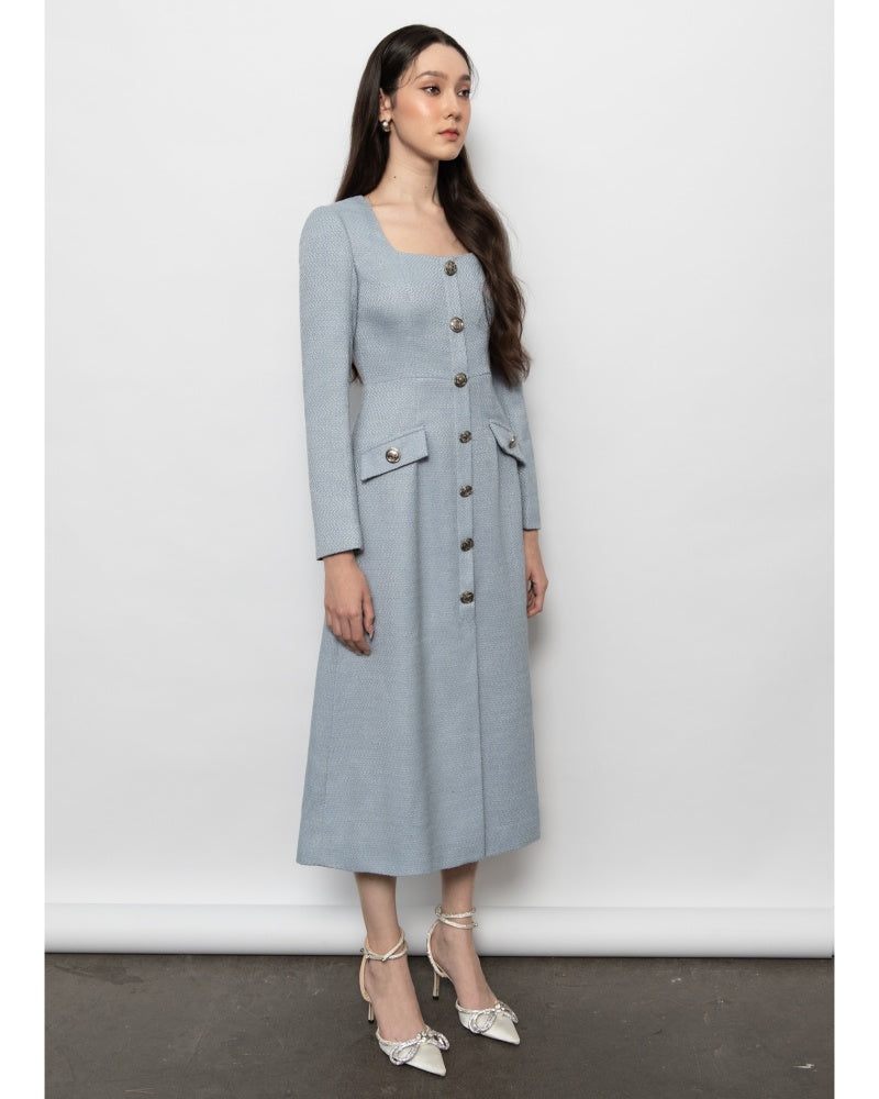 Abigail A-line Square Neck Tweed Midi Dress