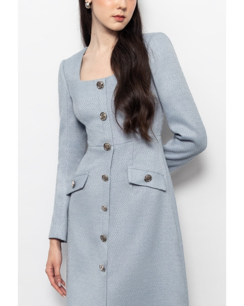 Abigail A-line Square Neck Tweed Midi Dress