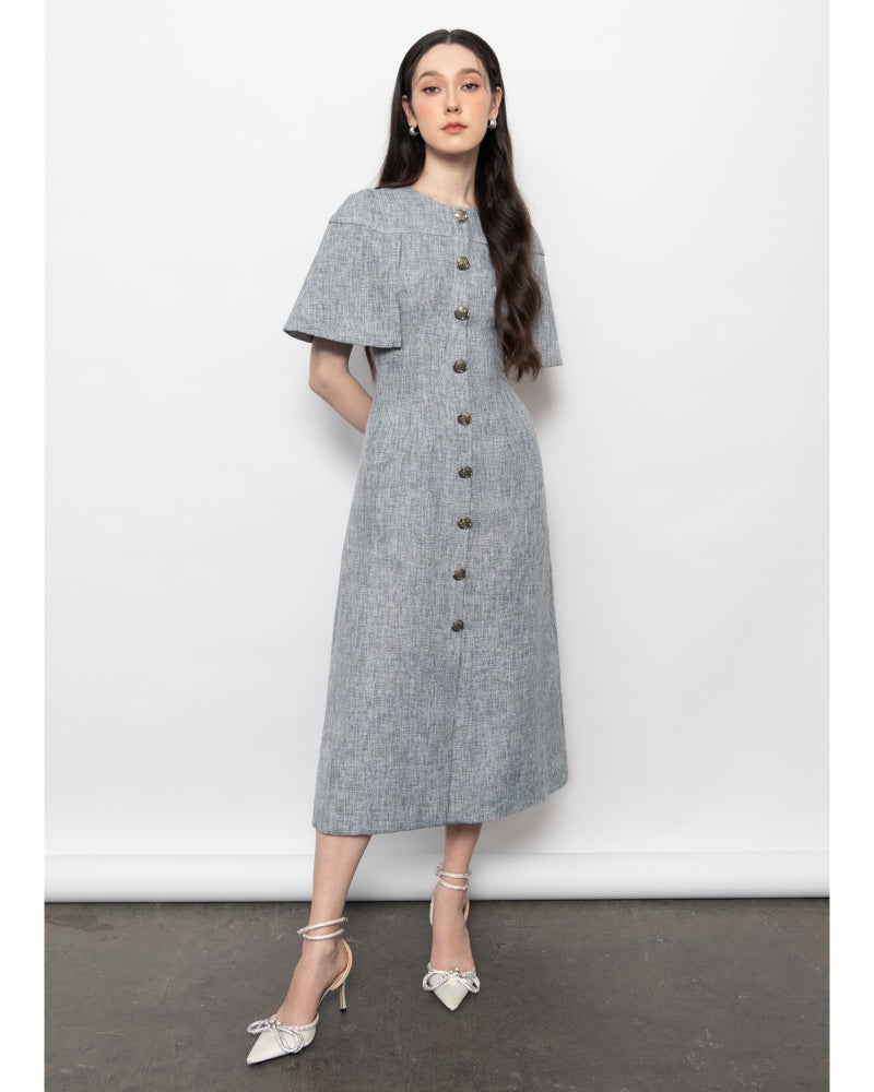 Ava A-line Button Tweed Midi Dress