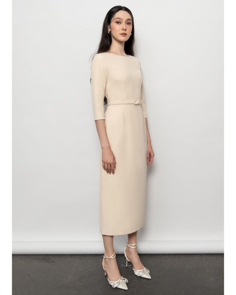 Isabella Sheath Boat Neck Polyester Midi Dress