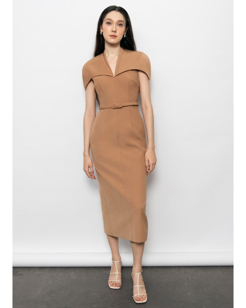 Evelyn Sheath Cape Sleeved Polyester Midi Dress