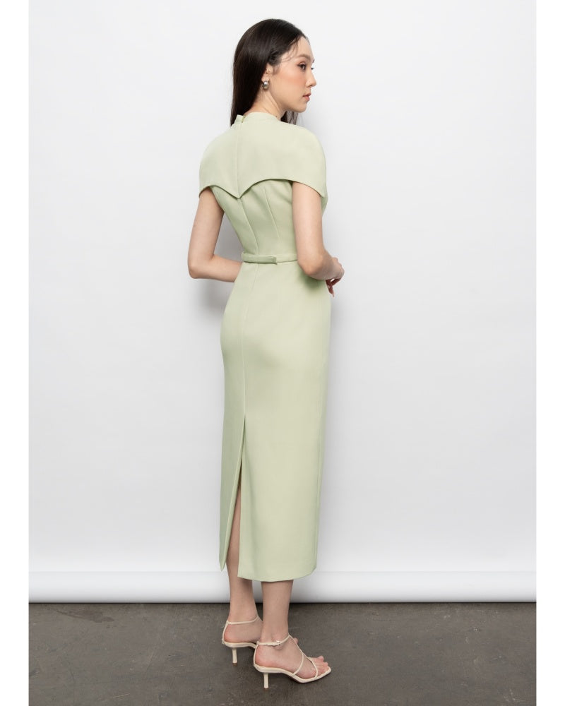 Evelyn Sheath Cape Sleeved Polyester Midi Dress