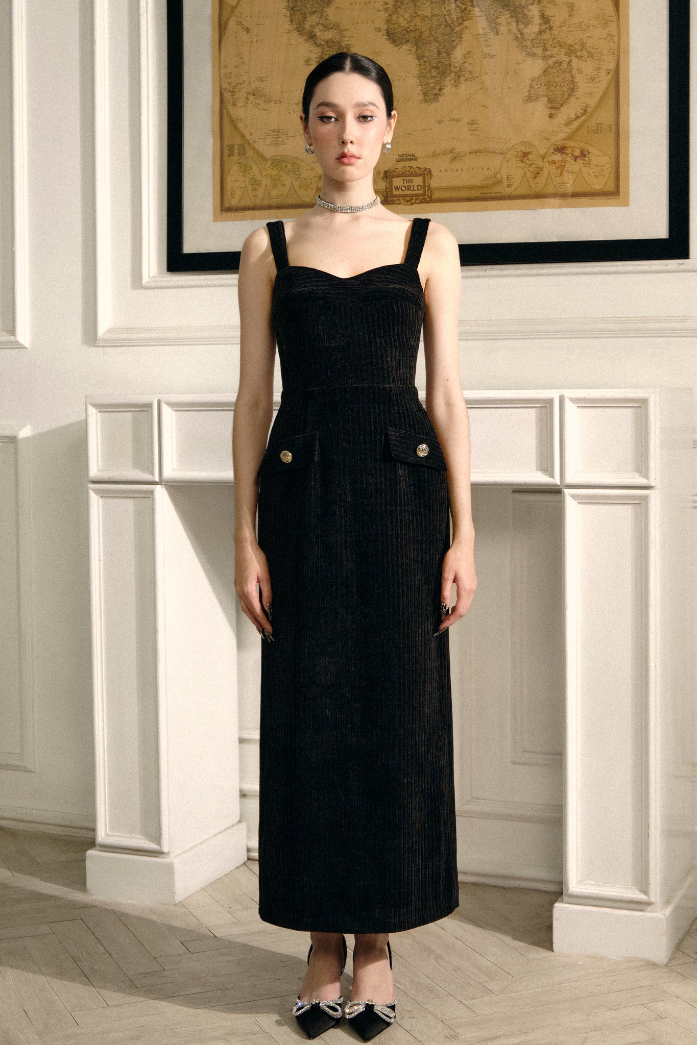 Eleanor Sheath Strappy Polyester Midi Dress
