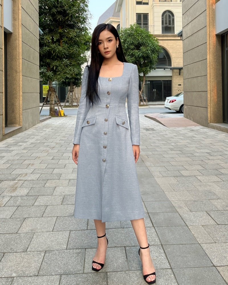 Abigail A-line Square Neck Tweed Midi Dress